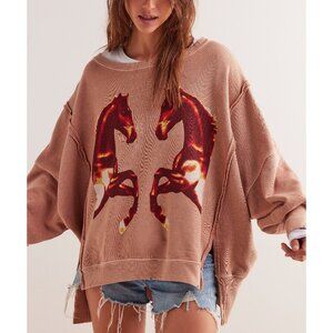 Free People Brown Horse Graphic Sweatshirt NWT Size Small *sold out*